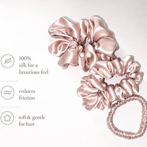 22 Momme Silk Scrunchie Set |  Rose | Large, Medium & Slim Hair Tie