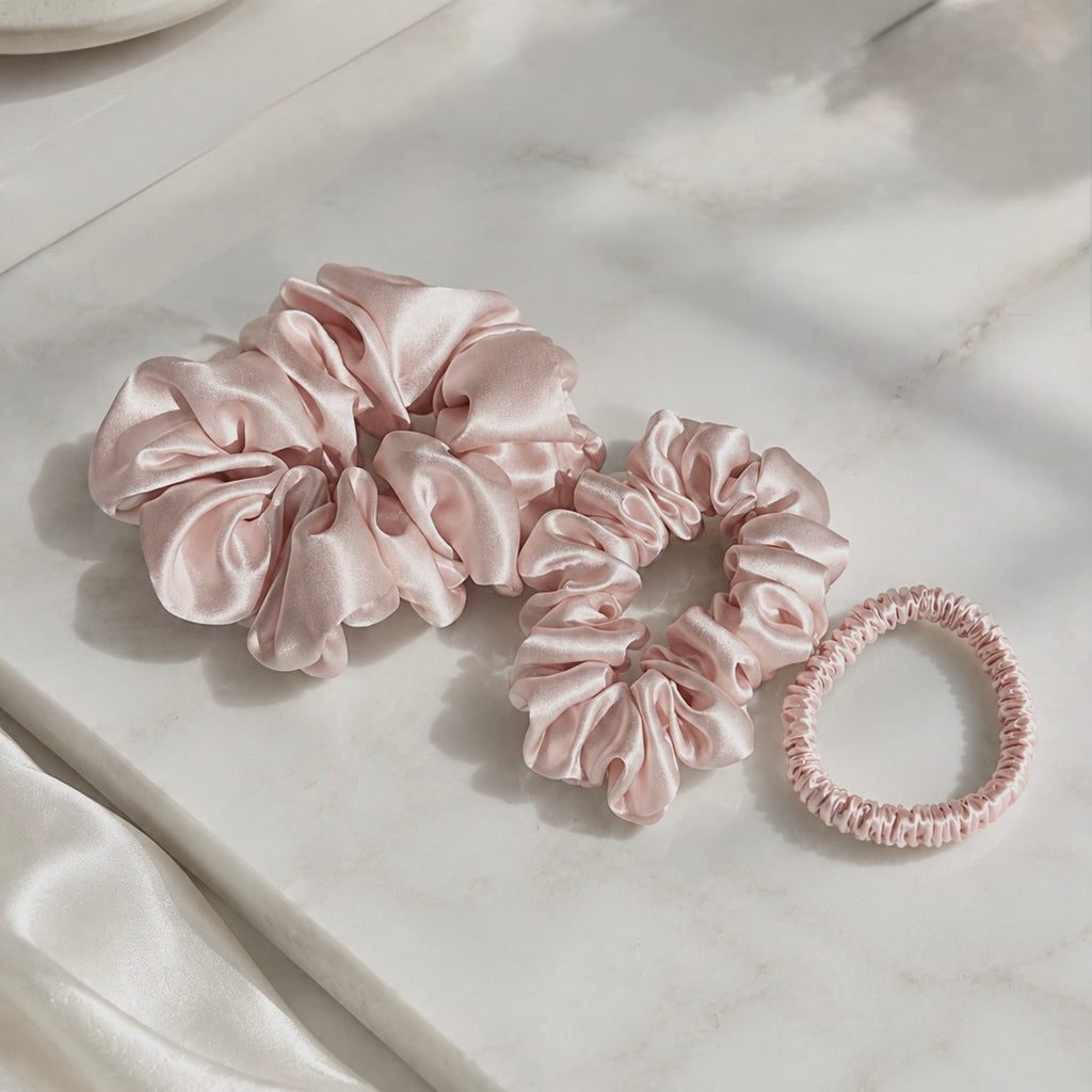 22 Momme Silk Scrunchie Set |  Rose | Large, Medium & Slim Hair Tie