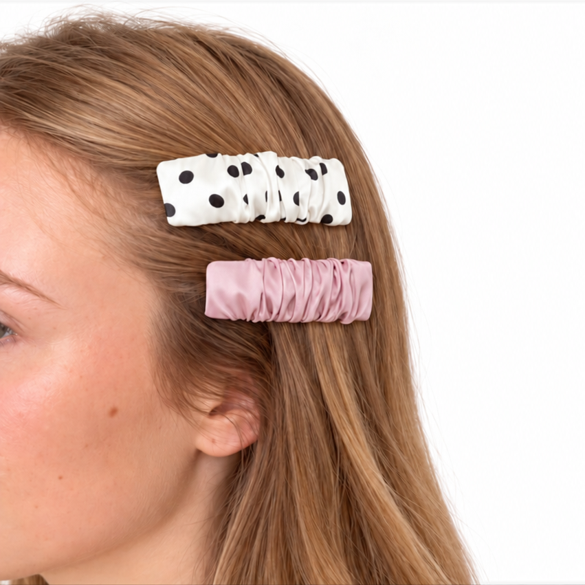 Silk Hair Clips | Ruched Silk Barrettes | Champagne, Rose, Polka Dot, Black & Blue | 22 Momme