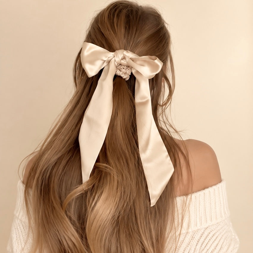 Silk Hair Ribbon | 22 Momme | Protective Hair Accessory | Caramel & Black | Free matching scrunchie