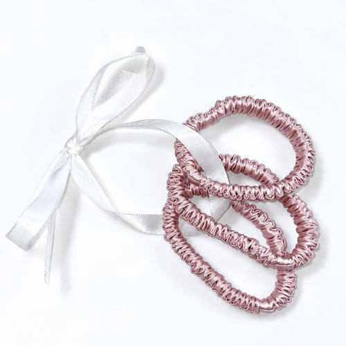 3 Skinny Silk Scrunchies | Caramel, Black, Rose, Espresso, Ivory, Sky Blue, Polka Dot, Leopard | 22 Momme