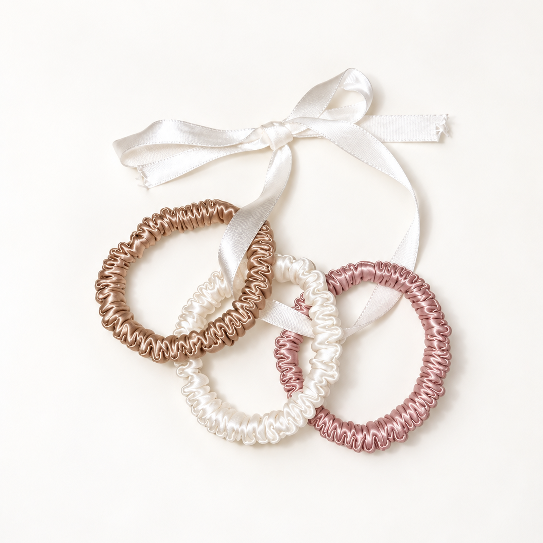 3 Silk Slim Scrunchies | Leopard, Blush, Latte, Blue Skies, Cotton Candy & Polka Dot | 22 Momme
