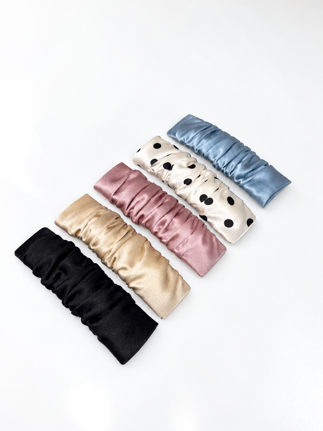 Silk Hair Clips | Ruched Silk Barrettes | Champagne, Rose, Polka Dot, Black & Blue | 22 Momme