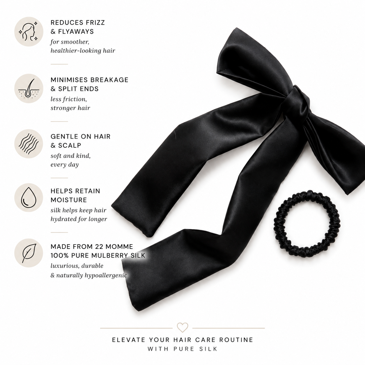 Pure Silk Styling Collection | 22 Momme Silk Headband, Large Silk Scrunchie & Skinny Silk Scrunchie & 95 cm Hair Ribbon | Luxury Gift Set