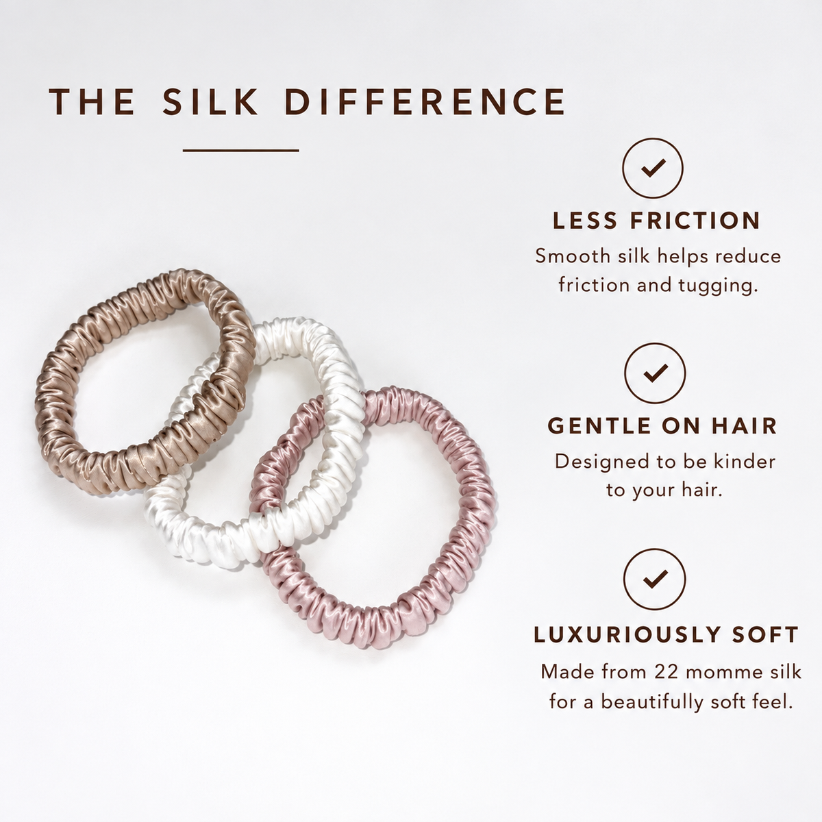 22 Momme Silk Slim Scrunchies Set of 3 | Pure Mulberry Silk Hair Scrunchies