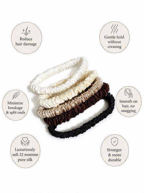 5 Pack 22 Momme Silk Slim Scrunchies | Essential Neutrals Set | Luxury Skinny Silk Hair Ties | Gentle Everyday Hair Accessories
