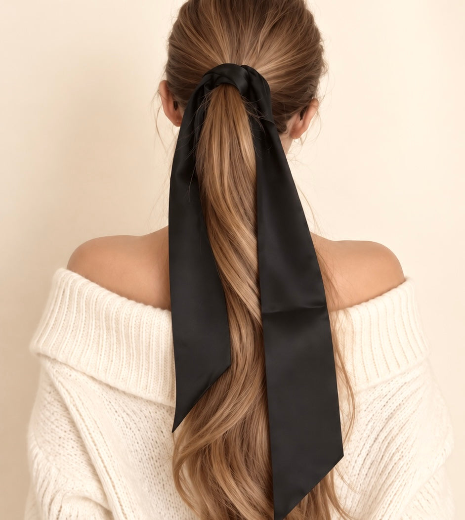 Silk Hair Ribbon | 22 Momme | Protective Hair Accessory | Caramel & Black | Free matching scrunchie