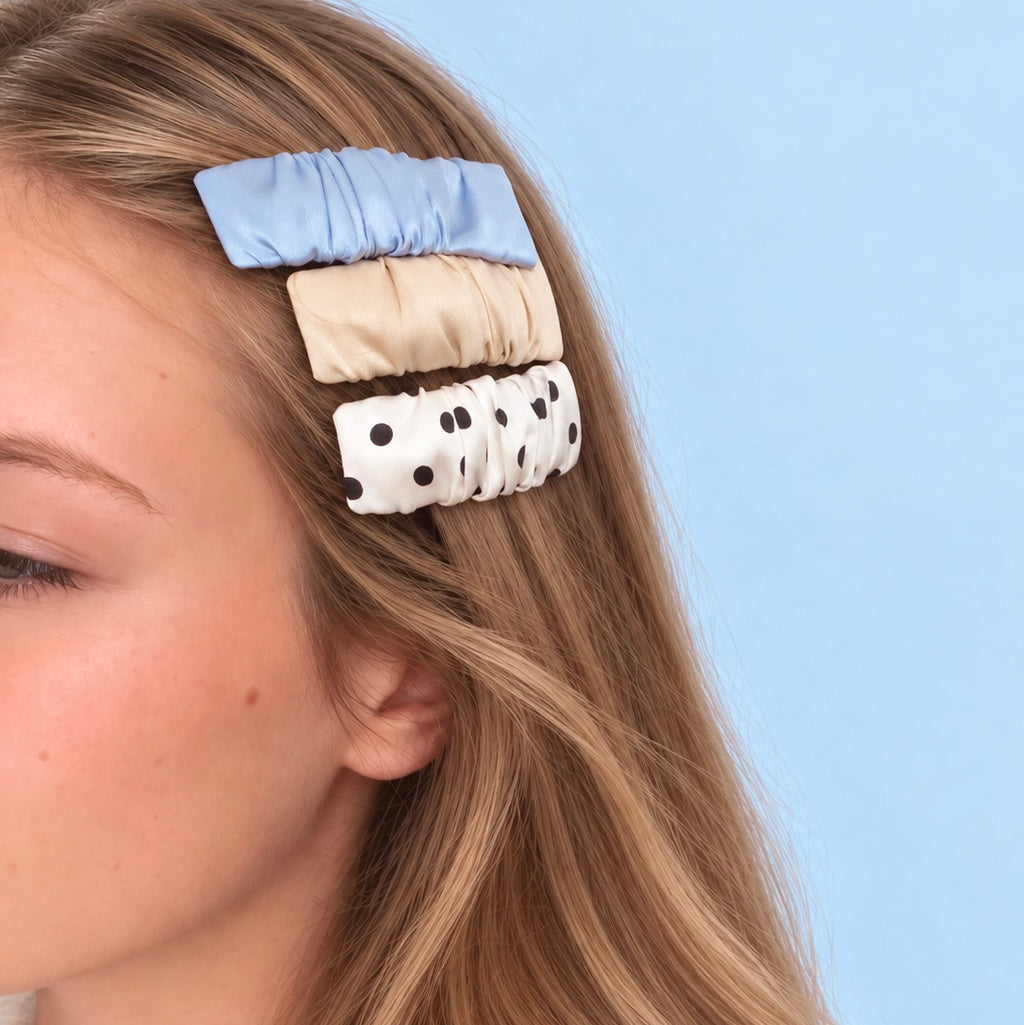Silk Hair Clips | Ruched Silk Barrettes | Champagne, Rose, Polka Dot, Black & Blue | 22 Momme