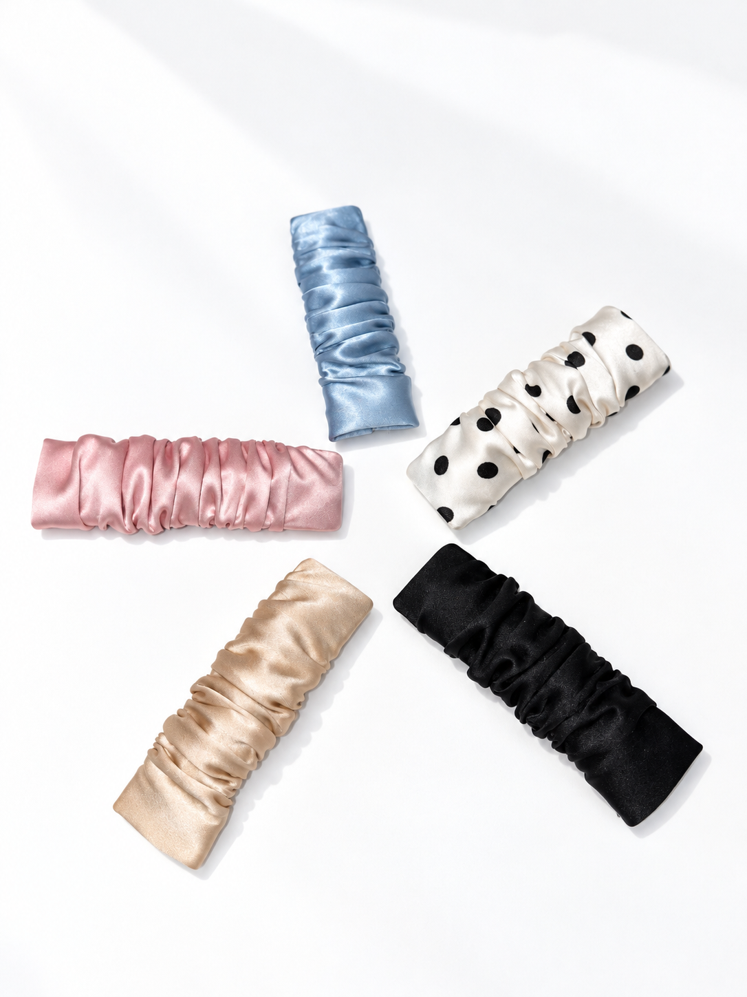 Silk Hair Clips | Ruched Silk Barrettes | Champagne, Rose, Polka Dot, Black & Blue | 22 Momme