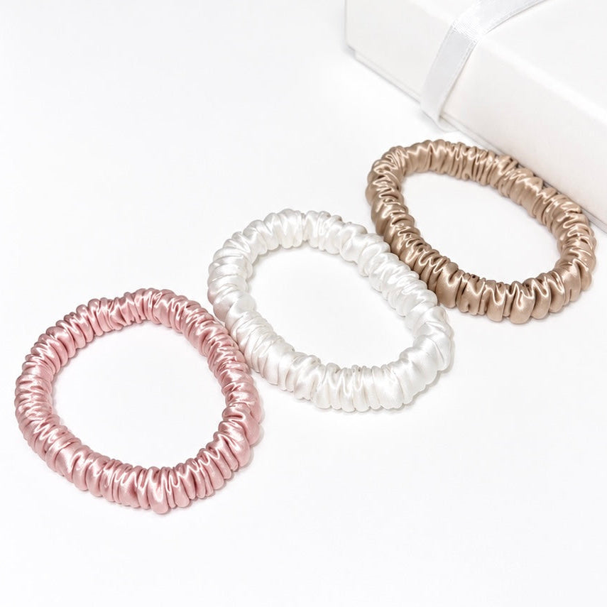 3 Silk Slim Scrunchies | Leopard, Blush, Latte, Blue Skies, Cotton Candy & Polka Dot | 22 Momme