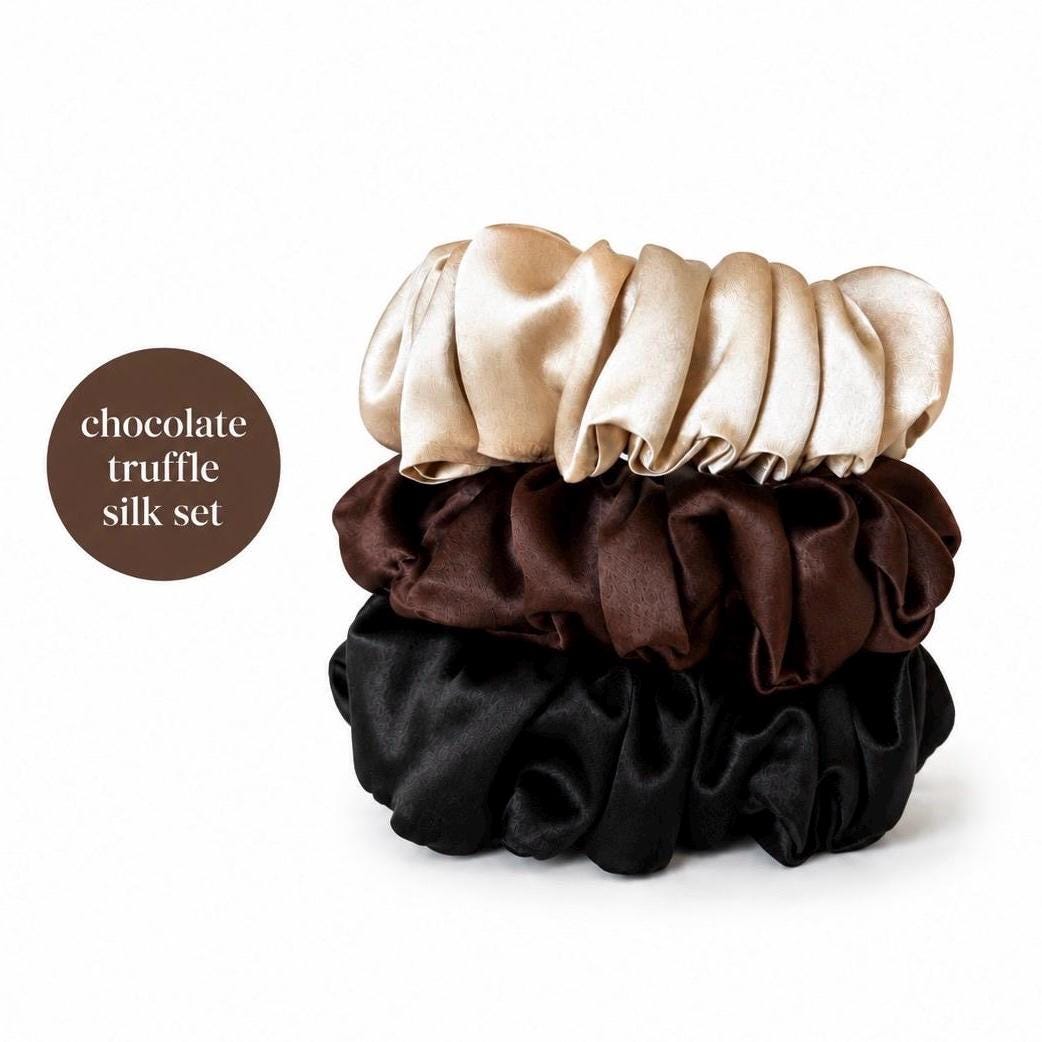 Luxury 22 Momme Mulberry Silk Scrunchies | Set of 3 Large Pure Silk Hair Ties | 100% Silk Scrunchie Gift Set | Thick Hair Scrunchies
