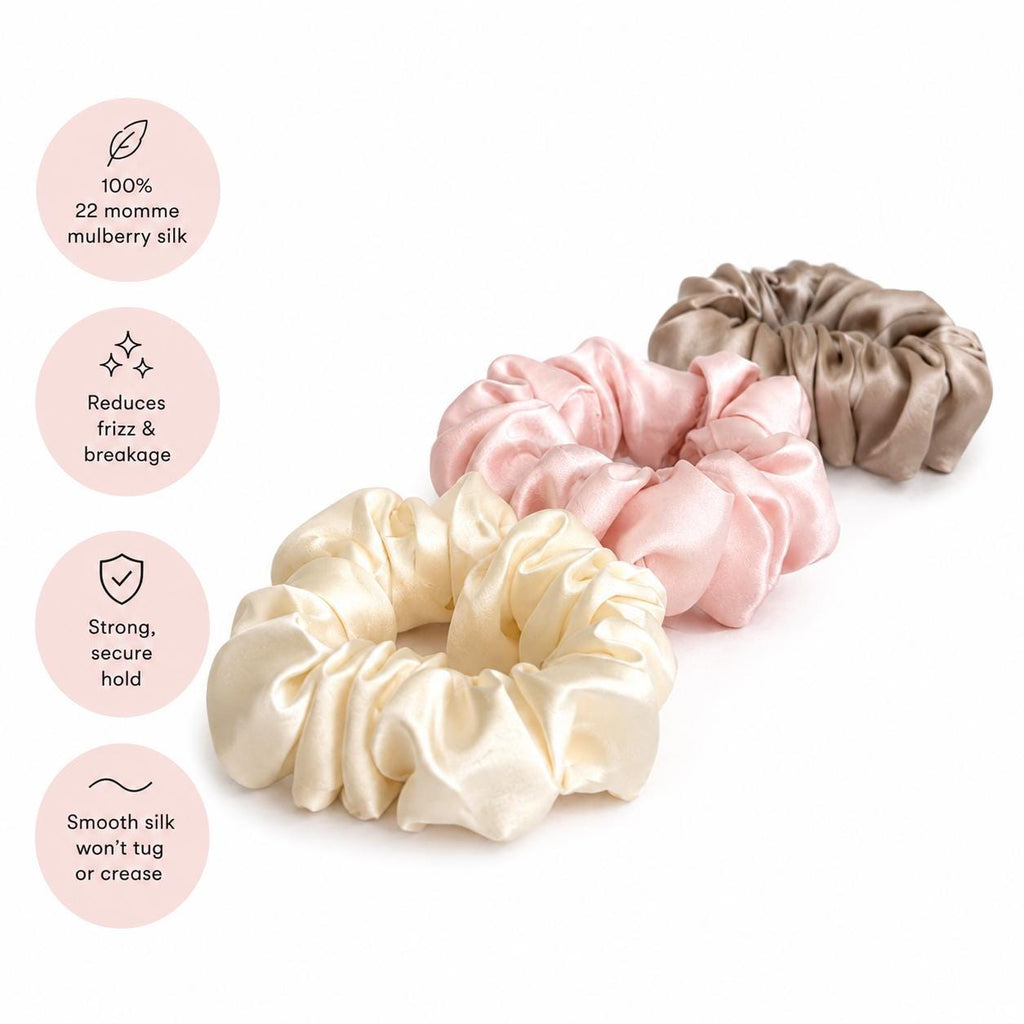 Luxury 22 Momme Mulberry Silk Scrunchies | Set of 3 Large Pure Silk Hair Ties | 100% Silk Scrunchie Gift Set | Thick Hair Scrunchies