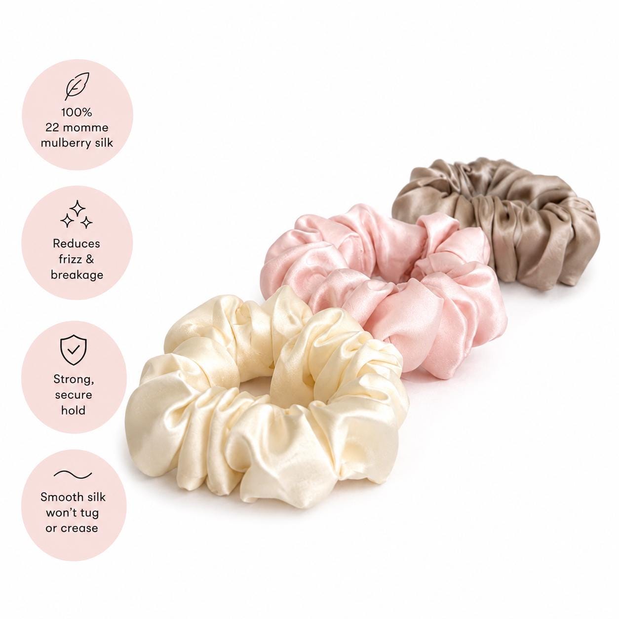 Luxury 22 Momme Mulberry Silk Scrunchies | Set of 3 Large Pure Silk Hair Ties | 100% Silk Scrunchie Gift Set | Thick Hair Scrunchies