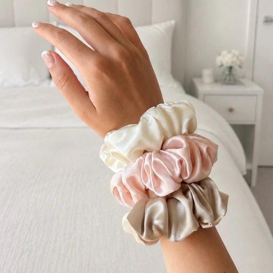 Luxury 22 Momme Mulberry Silk Scrunchies | Set of 3 Large Pure Silk Hair Ties | 100% Silk Scrunchie Gift Set | Thick Hair Scrunchies