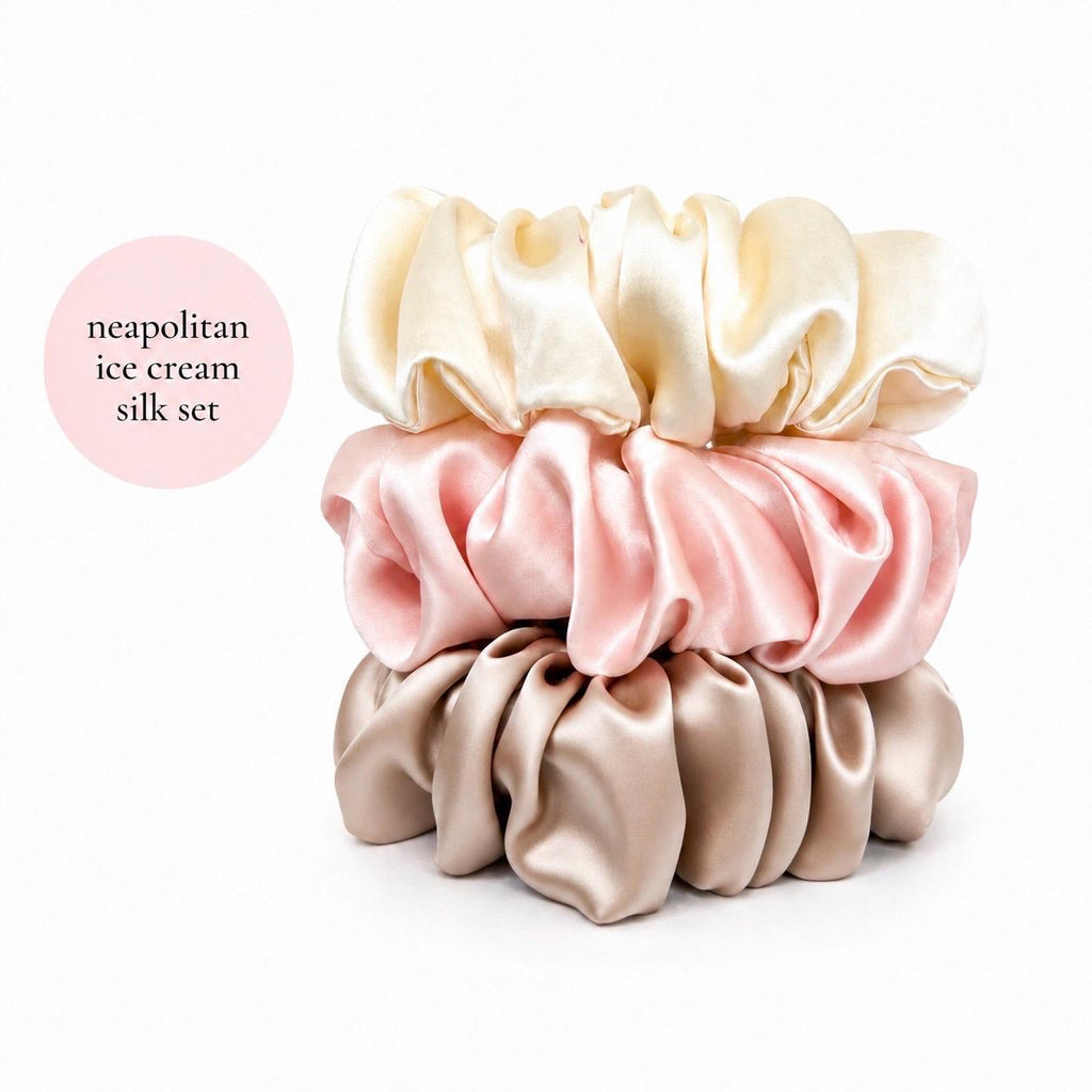 Luxury 22 Momme Mulberry Silk Scrunchies | Set of 3 Large Pure Silk Hair Ties | 100% Silk Scrunchie Gift Set | Thick Hair Scrunchies