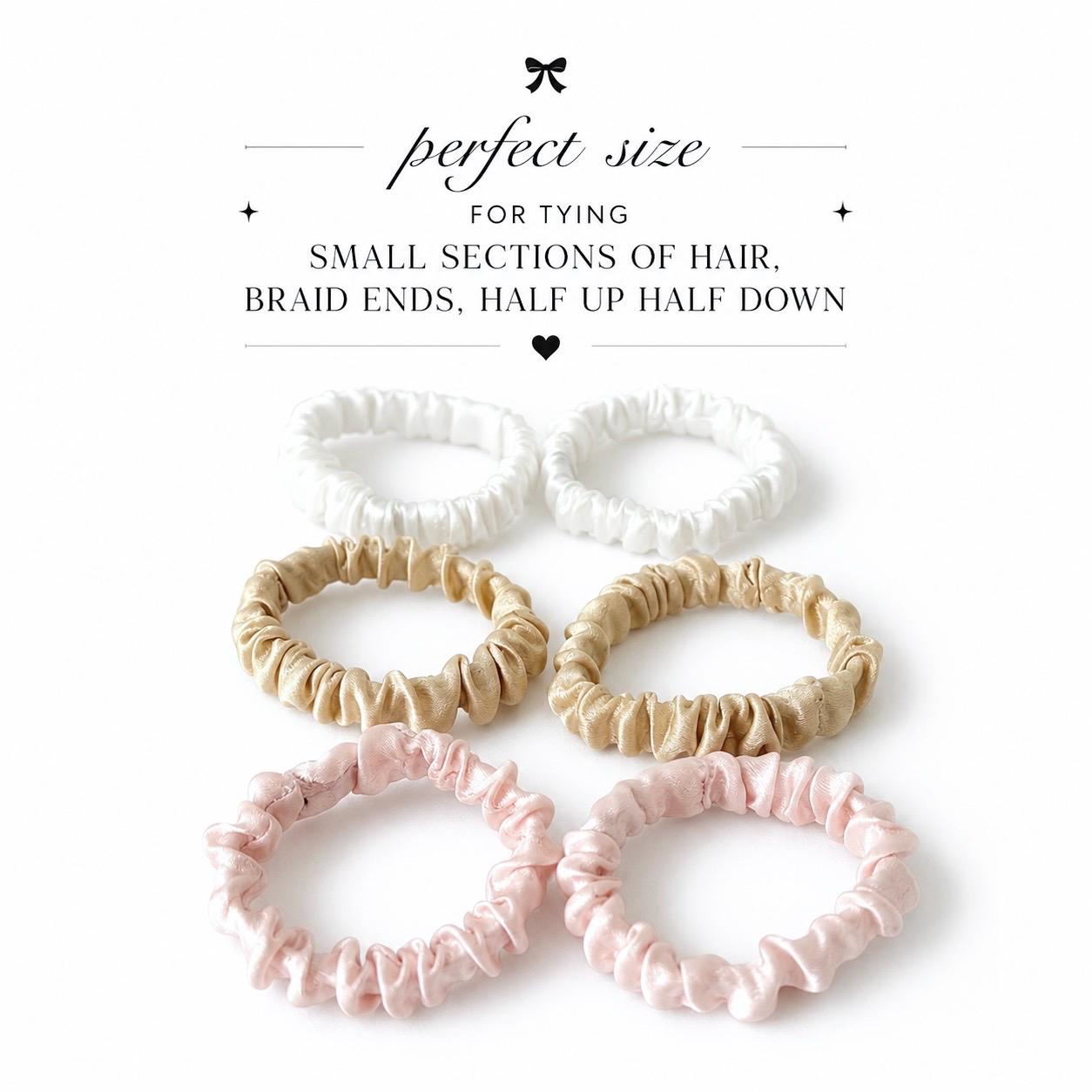 6 Mini Mulberry Silk Scrunchies | 22 Momme Pure Silk Hair Ties | Small Silk Scrunchie Set | Gentle Hair Elastics | Braid End Ties