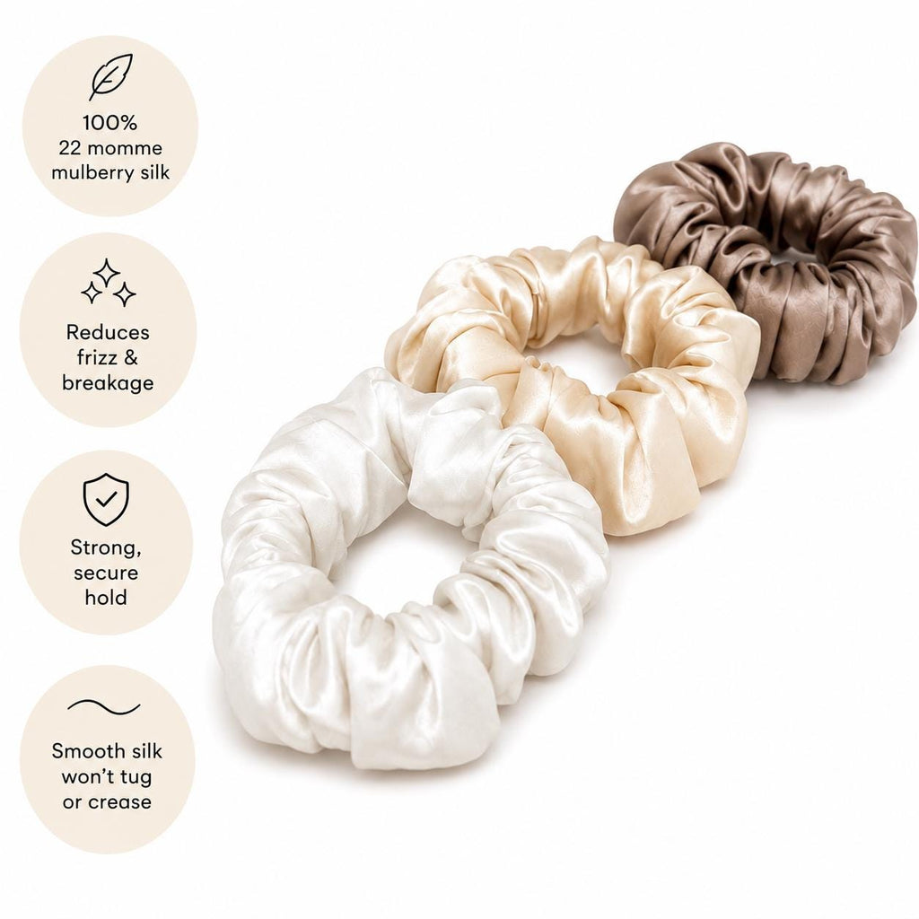 Luxury 22 Momme Mulberry Silk Scrunchies | Set of 3 Large Pure Silk Hair Ties | 100% Silk Scrunchie Gift Set | Thick Hair Scrunchies