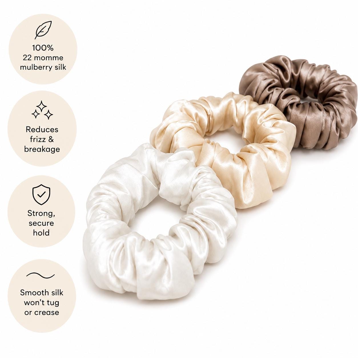 Luxury 22 Momme Mulberry Silk Scrunchies | Set of 3 Large Pure Silk Hair Ties | 100% Silk Scrunchie Gift Set | Thick Hair Scrunchies