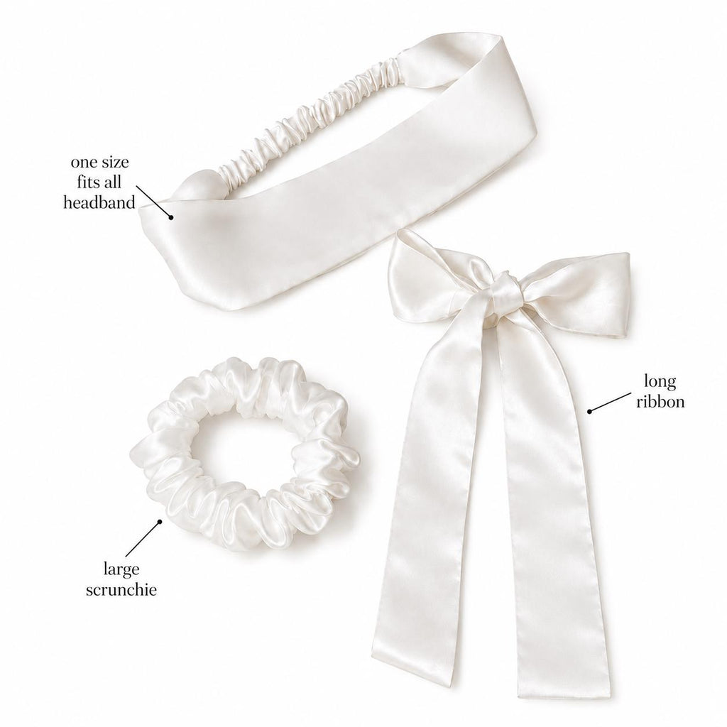 Pure Silk Styling Collection | 22 Momme Silk Headband, Large Silk Scrunchie & 100cm Hair Ribbon | Luxury Gift Set