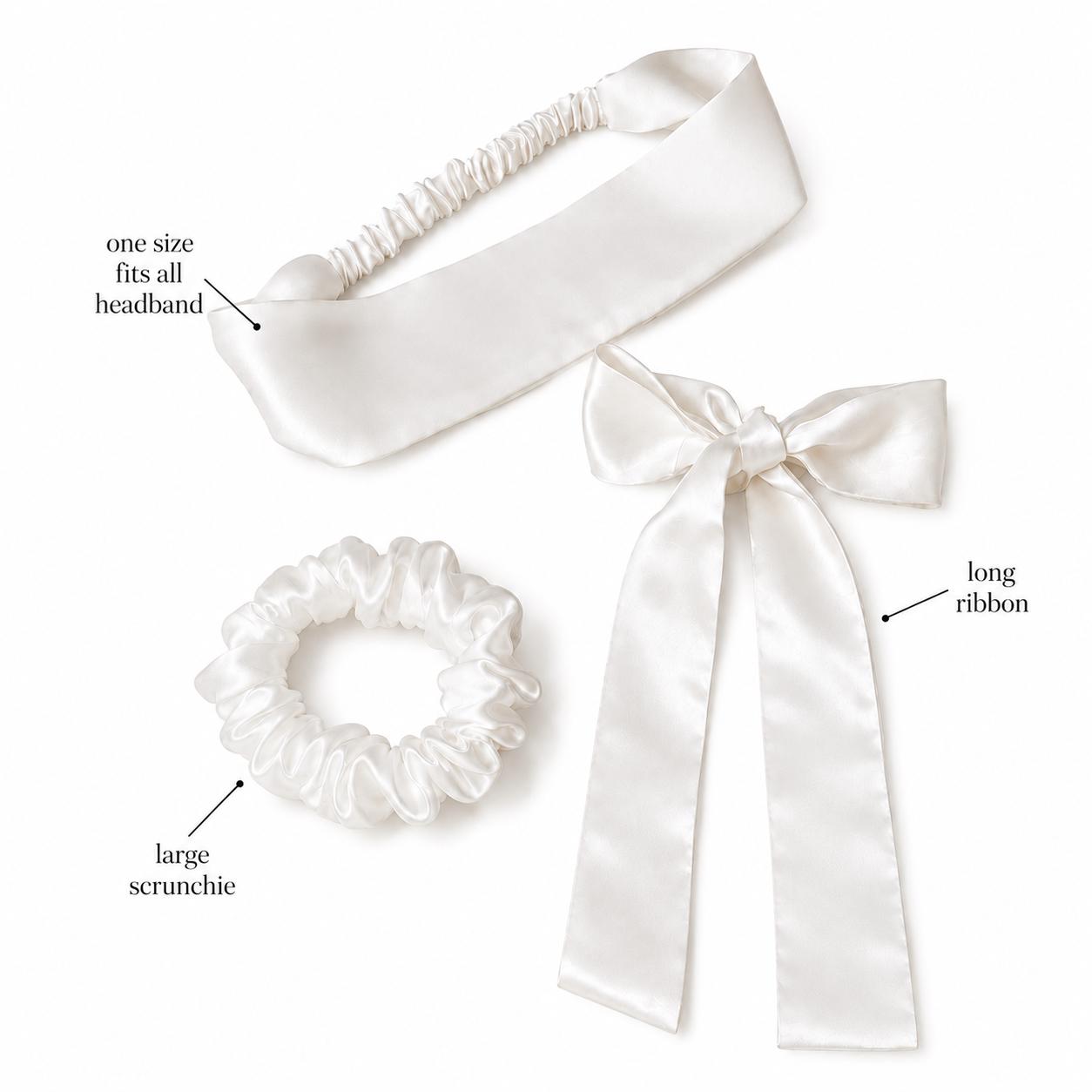 Pure Silk Styling Collection | 22 Momme Silk Headband, Large Silk Scrunchie & 100cm Hair Ribbon | Luxury Gift Set