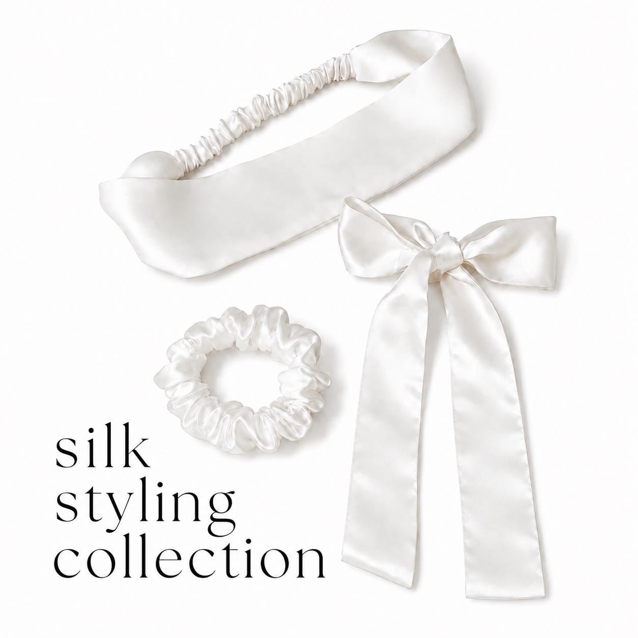 Pure Silk Styling Collection | 22 Momme Silk Headband, Large Silk Scrunchie & 100cm Hair Ribbon | Luxury Gift Set
